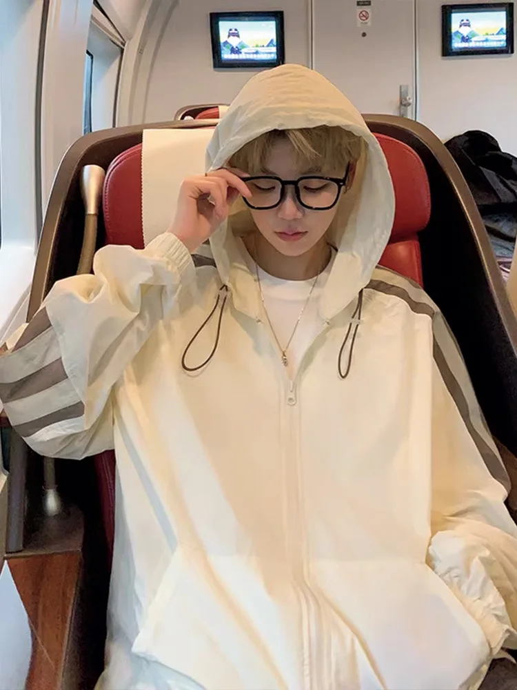 

Men's Summer Outdoor UV Protection Ice Silk Thin Breathable Hooded Sun Protection Jaet Loose Fit Long Sve Zipper Decorated