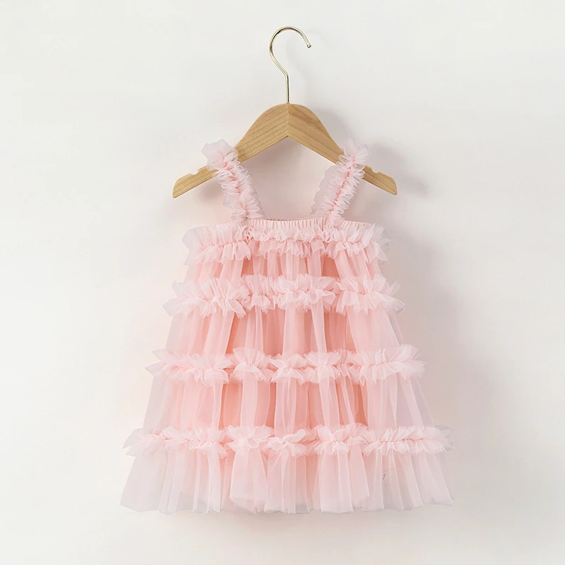 Summer Pretty Princess Vest Dress for Girls Solid Sling Halloween Costume Tulle Mesh Tutu Dresses Kids Party Princess Dress