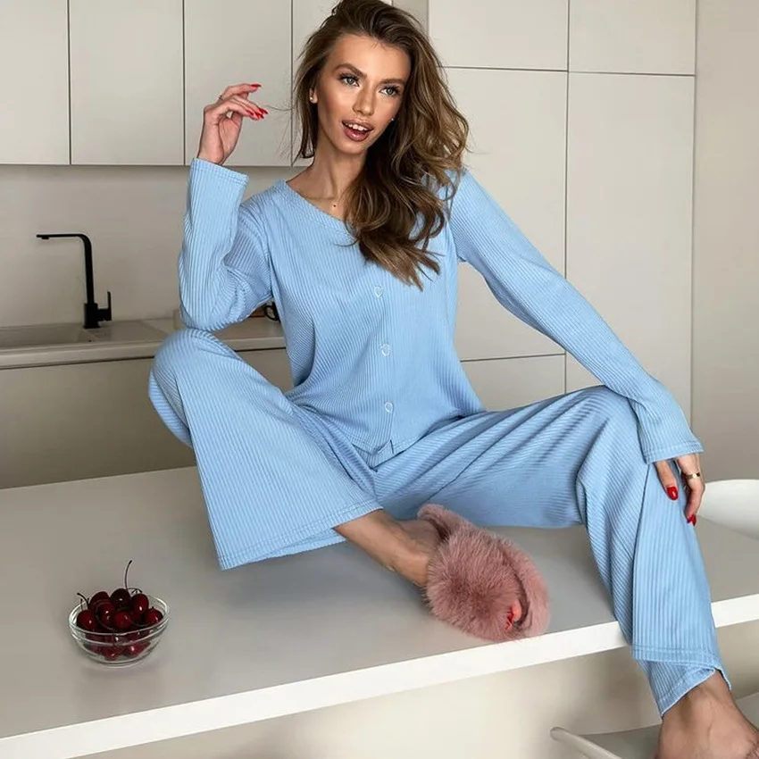 Women's Pajamas Sets 2024 Knit Loose Comfort Pit Stripe Long Sleeve Long Pants Loungewear Sleepwear for Sleeping Clothes