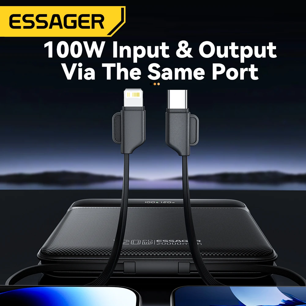 Essager 120W 20000mAh Güç Bankası, İki Dahili Kablolu 100W PD Hızlı Şarj iPhone 16 15 14 Pro Max iPad Macbook Dizüstü Bilgisayar