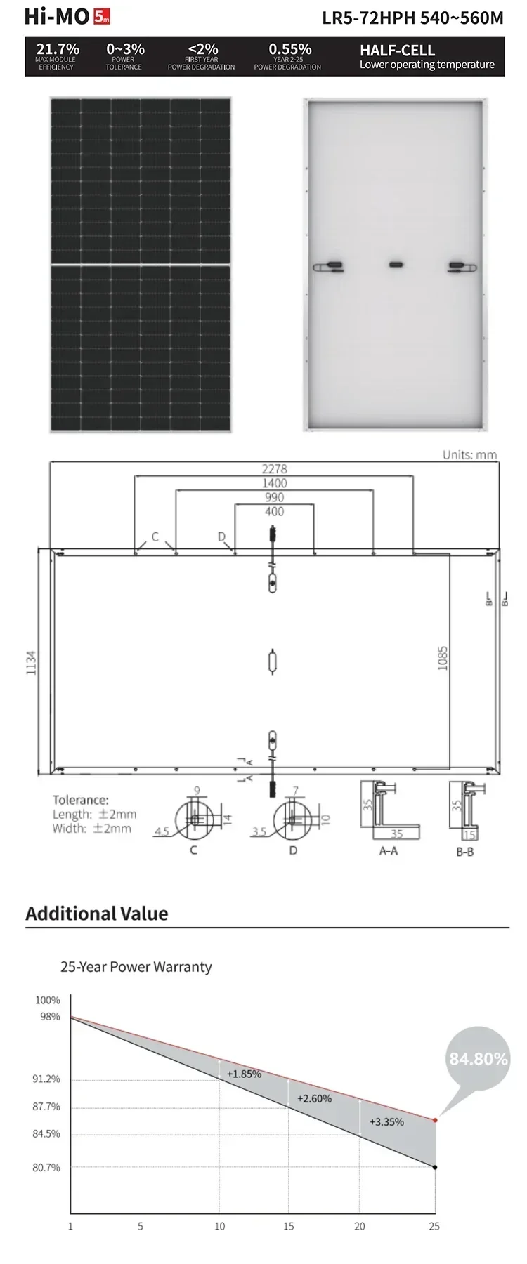 Longi LR5-72HPH M10 182mm 540w 550w 560w Solar Panel Monocrystalline Silicon Module Double-sided Single-Sided