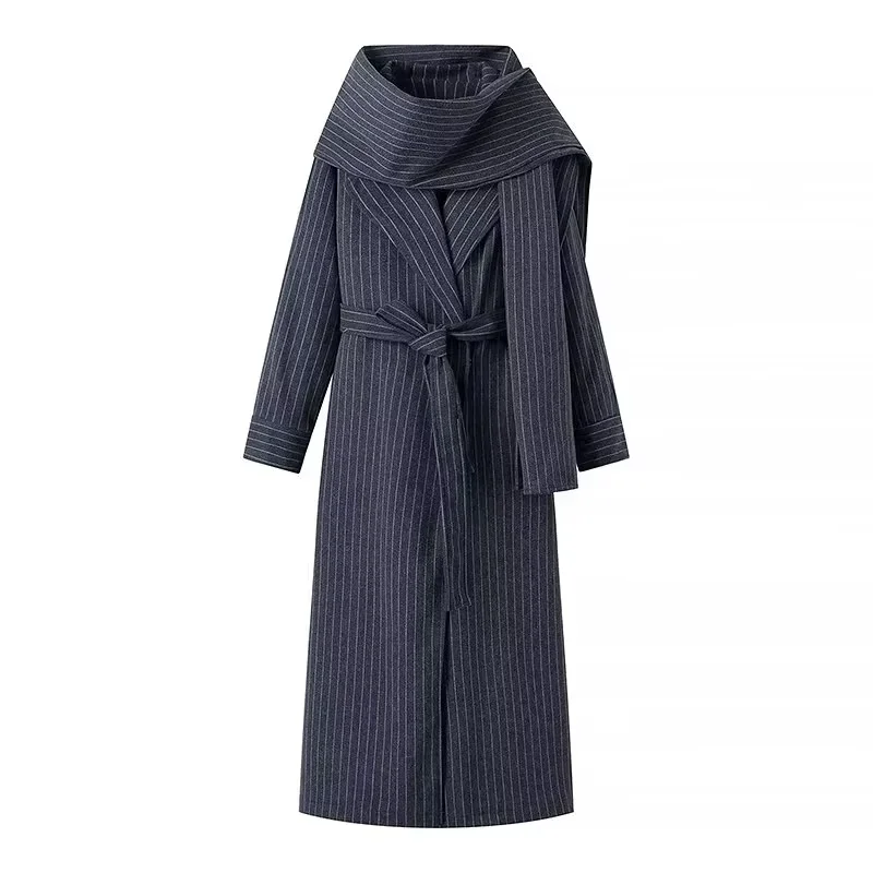 Vintage Striped Women Long Coats Casual Loose One Button Oversize Coat With Scarf Belts 2024 Lady Autumn Winter Elegant Outwear