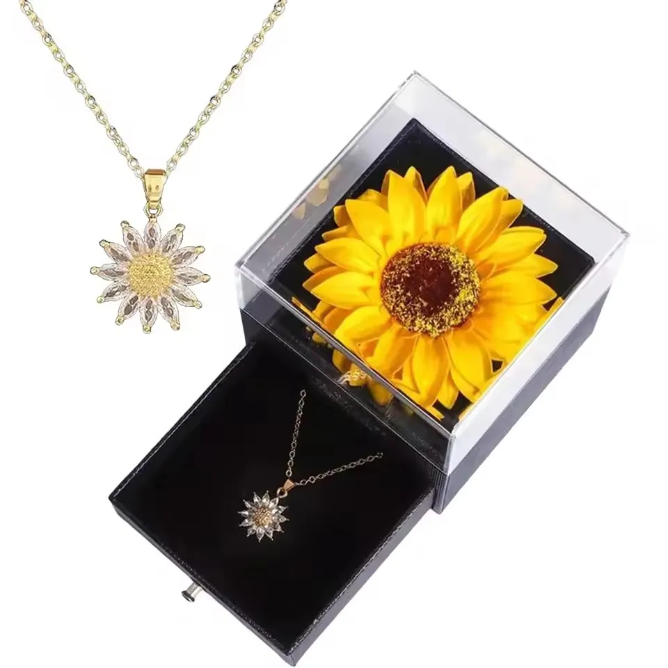 Valentine's Day Gift Wedding Confession Proposal Pearl Box Gift for Girlfriend Mother's Day Eternal Sunflower Artificial Flowers