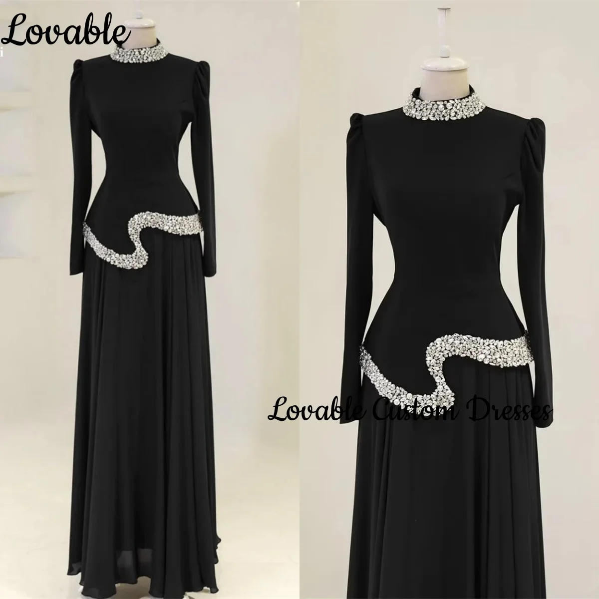 

فساتين سهرة Customize Women'S Evening Dresses Black Scoop Neckline Zipper Up Dresses For Prom Long Sleeves A-Line Beadings Forma