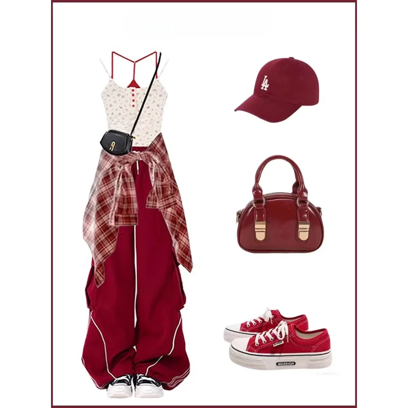 

Повседневный модный комплект: широкие брюки в клетку и топ с защитой от солнца на бретелях, уличный стиль, летняя коллекция, женский ансамбль