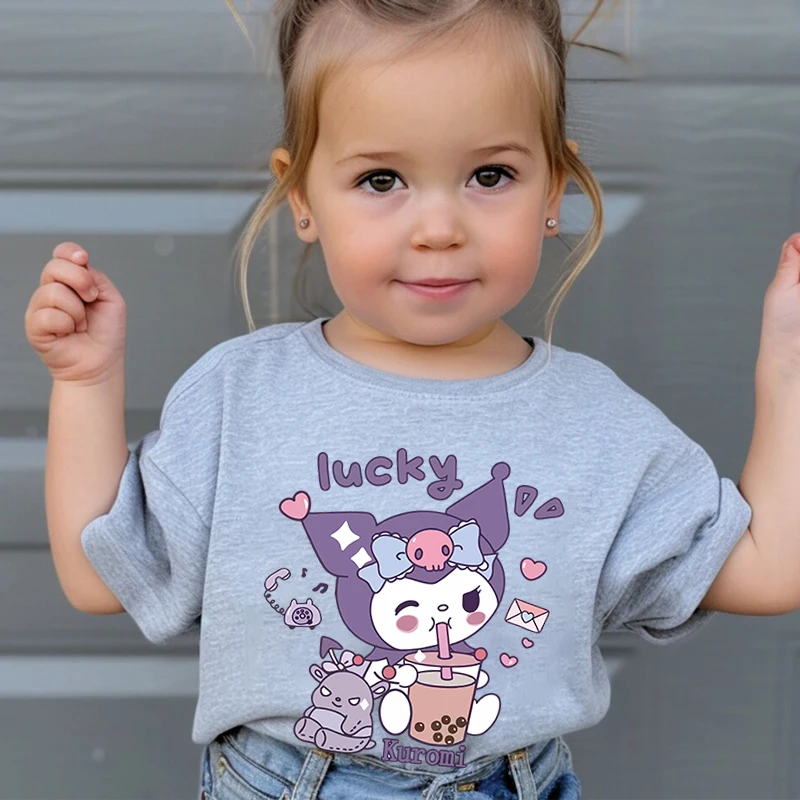 

Kuromi Printed Kids T-shirt Summer Children's Cotton Short Sleeve Gray Casual Tops Suitable for Boys and Girls