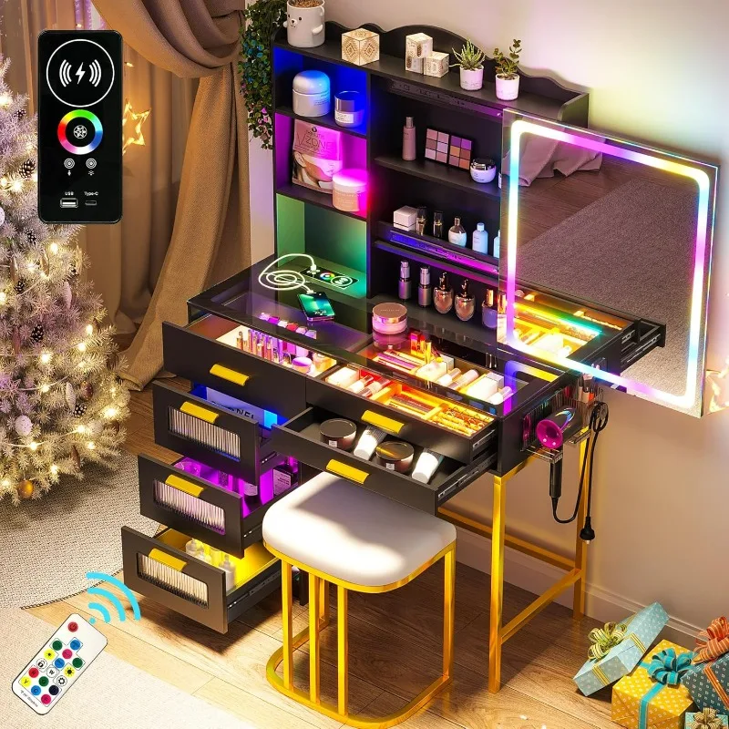 Vanity Desk with Mirror and Lights, RGB LED, Charging Station, 7 Dynamic and 24 Static Dimmable, Sensor Lights Dressing Table image 2