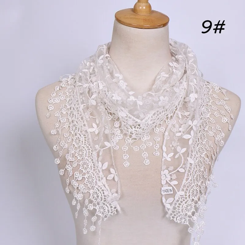 Women Embroidered Lace Tassel Scarf Triangle Fringe Solid Color Shawls Fashion Lightweight Prayer Hijab 150*40cm