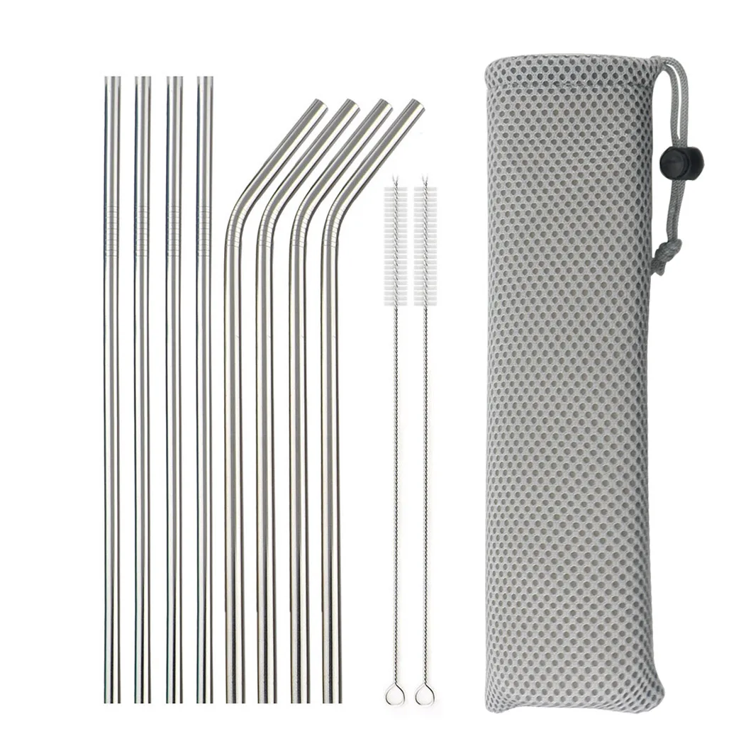 Reusable Metal Drinking Straws 304 Stainless Steel Sturdy Bent Straight Drinking Straw with Cleaning Brush Bar Party Accessory