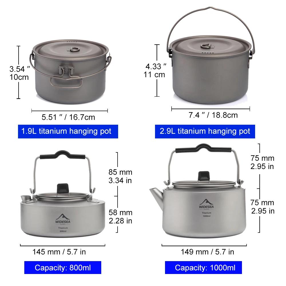 Widesea Camping Titanium Cookware Set Ultra-light Portable Teapot Frying Pan Soup Pot Outdoor Kitchen Picnic Fishing Hiking