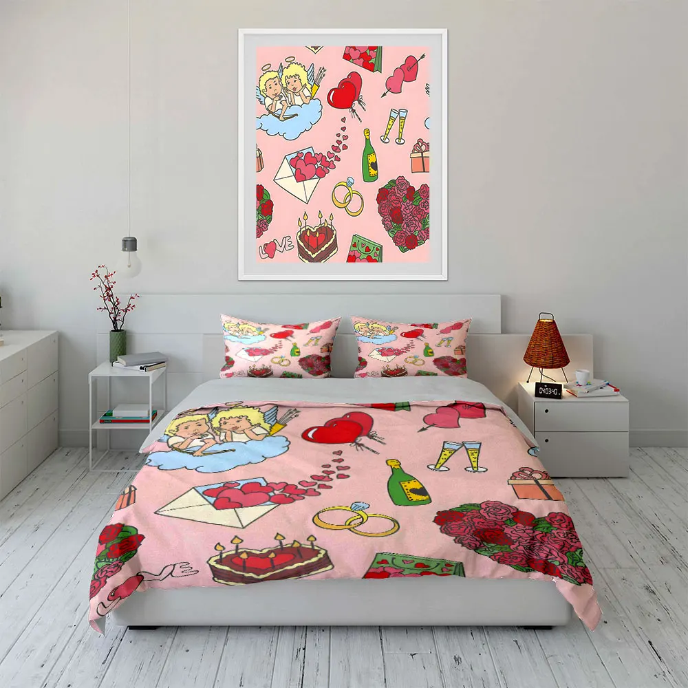 Hand-drawn love elements Bedding Set for Kids Luxury Gift 3pcs Digital Print Comforter Set Soft Comfortable Breathable
