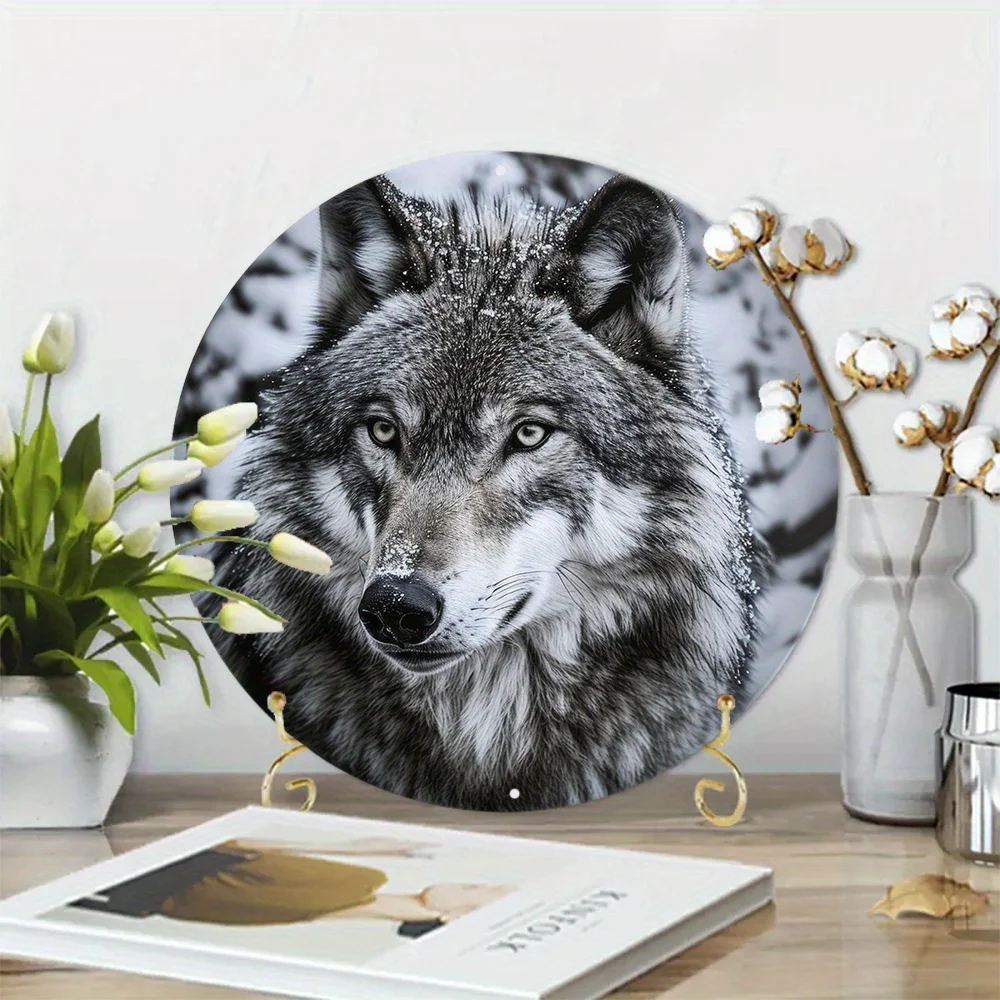 1pc 8x8 Inch Stunning North American Gray Wolf Themed Faux Embossing Painted Round Wreath Aluminum Metal Sign