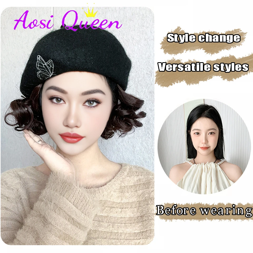 Aosi-女性のための短いカーリーウィッグの帽子、黒のoctagonberet、新しいファッション、秋と冬、2023