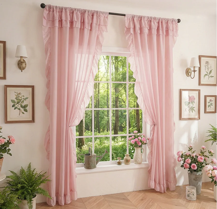 Romantic Pink Ruffle Sheer Curtain, Boho Rod Pocket Tulle Voile Window Curtain, Light Filtering Semi-Sheer Drape for Girls Room