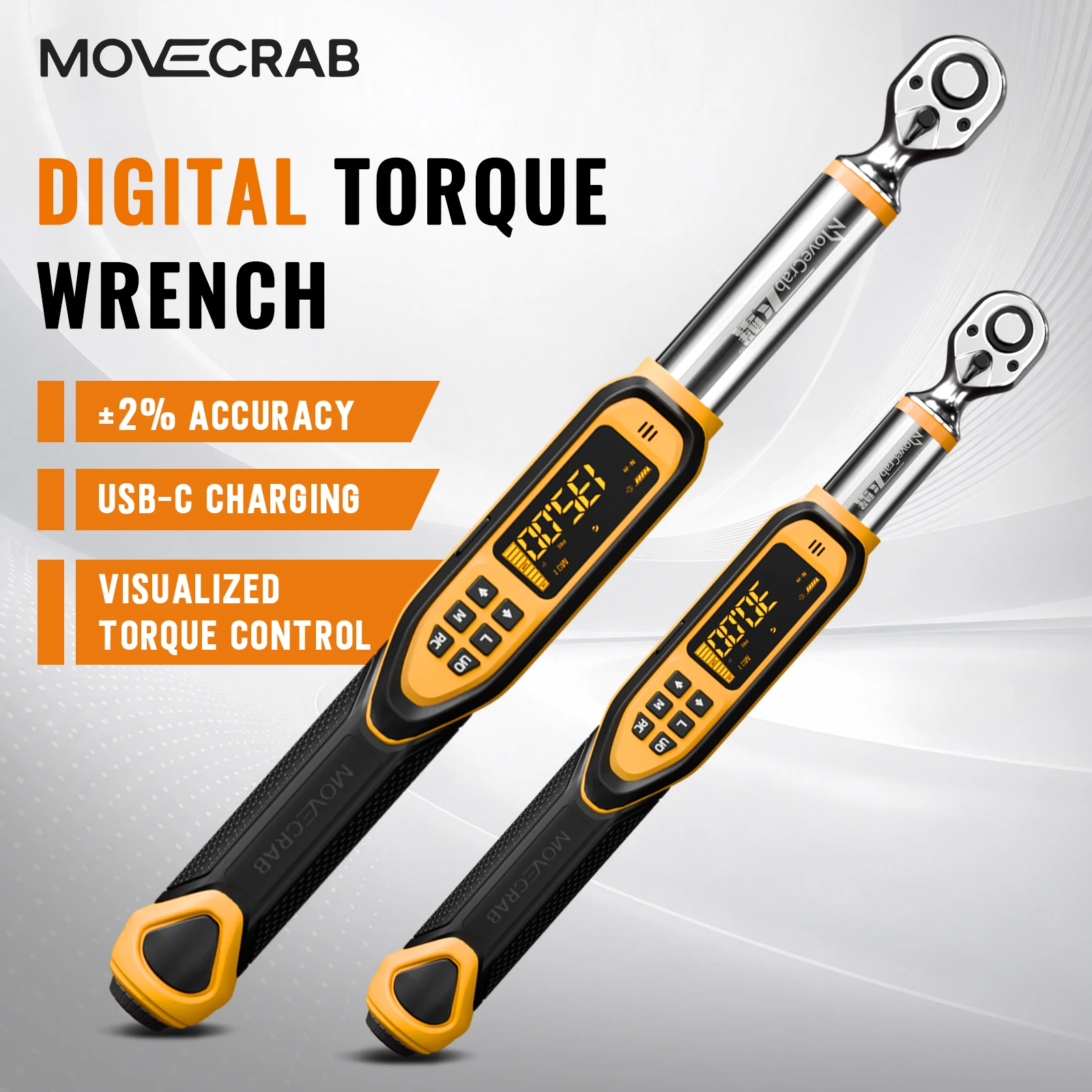 MOVECRAB Upgraded Digital Torque Wrench 1–340 N·m, ±2% Accuracy, LED Backlit Display, USB-C Charging, for Auto Repair