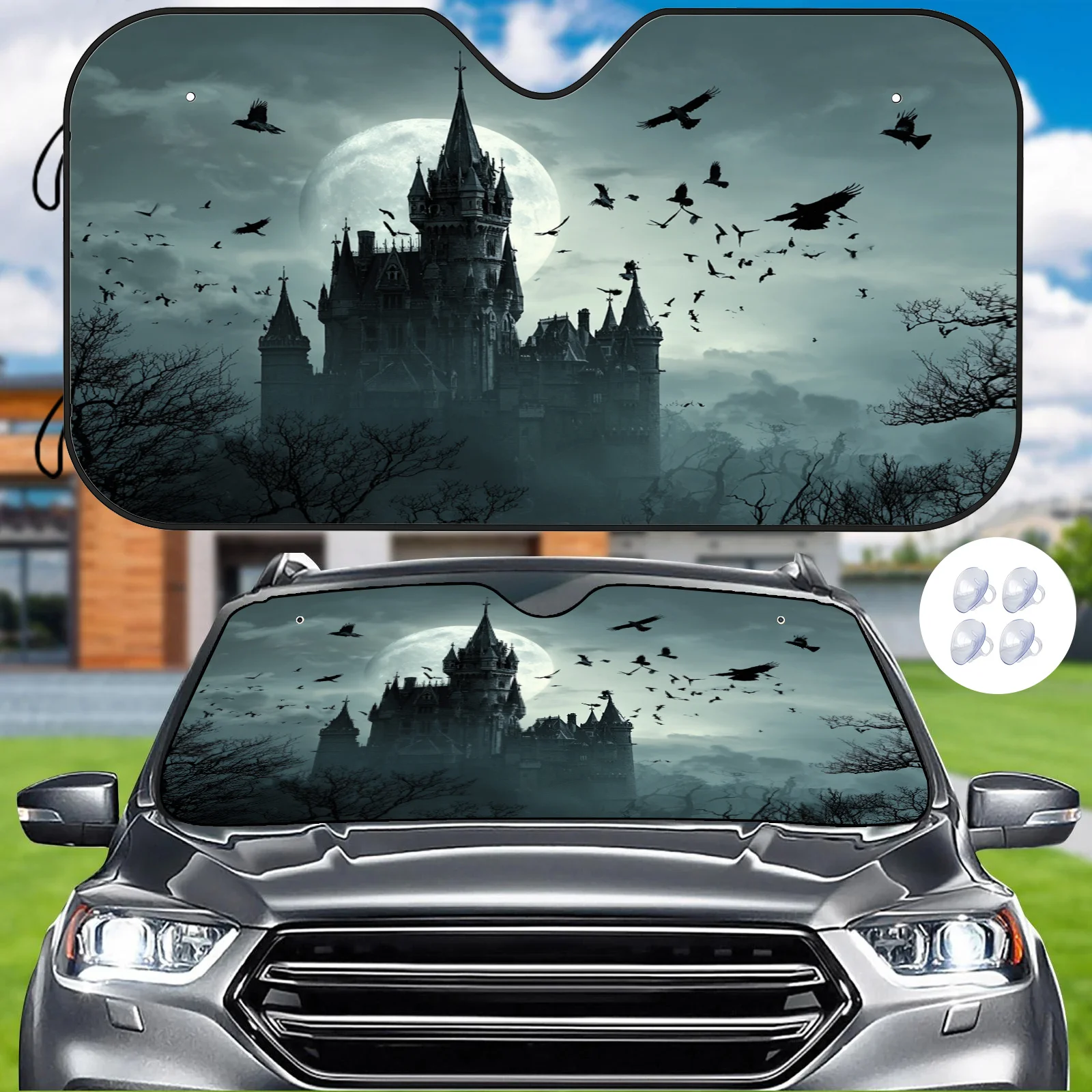 A Car Sunshade For A Castle Under The Moonlight, Featuring Dark Gothic Style Patterns, Heat Insulation, And Comes With Four Suct