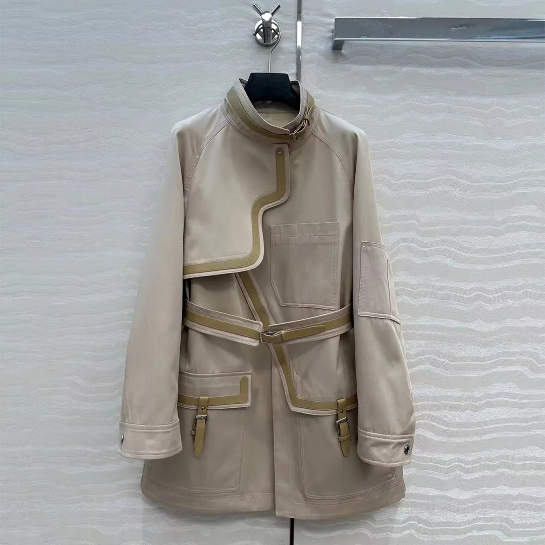 2025 New Autumn Sheepskin Leather Belt Spliced Trench Coat Women Turtleneck Long Sleeve Loose Elegant Long Straight Coat