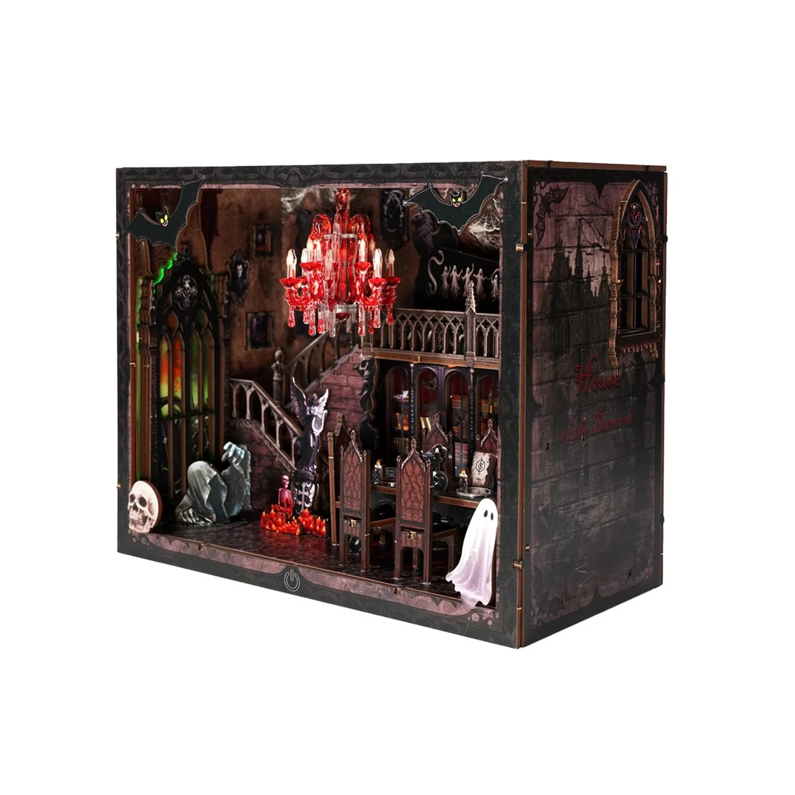 DIY Wooden Book Nook Figurines Halloween Dark House Bookend with Lights Bookshelf for Friends Birthday Gifts Home Decor Crafts