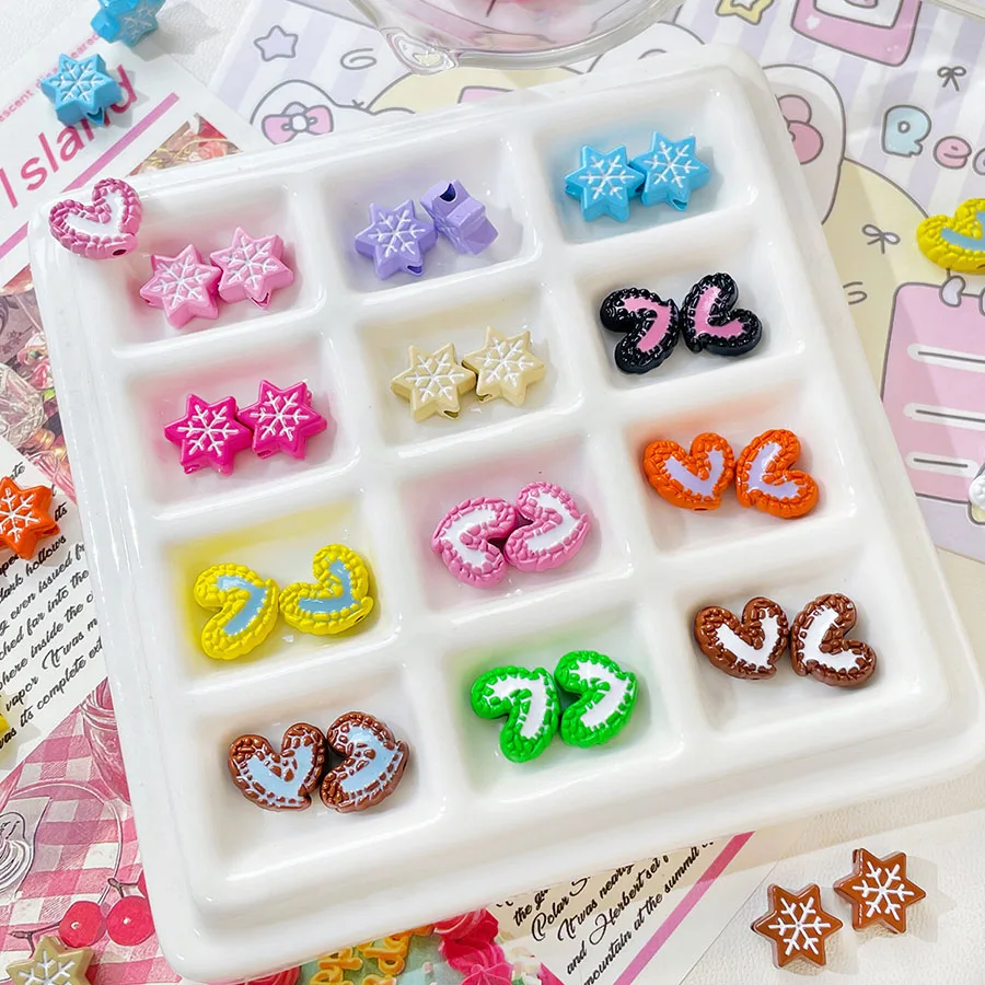 6pcs Cartoon Print Hand-painted Snowflake Stars Love Beads Diy Bracelet Necklace Earrings Beaded Chain Accessories Materials