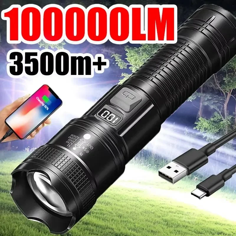 High Strong Power LED Flashlight USB Rechargeable Tactical Emergency Spotlights Telescopic Zoom Built-in Battery Camping Torch