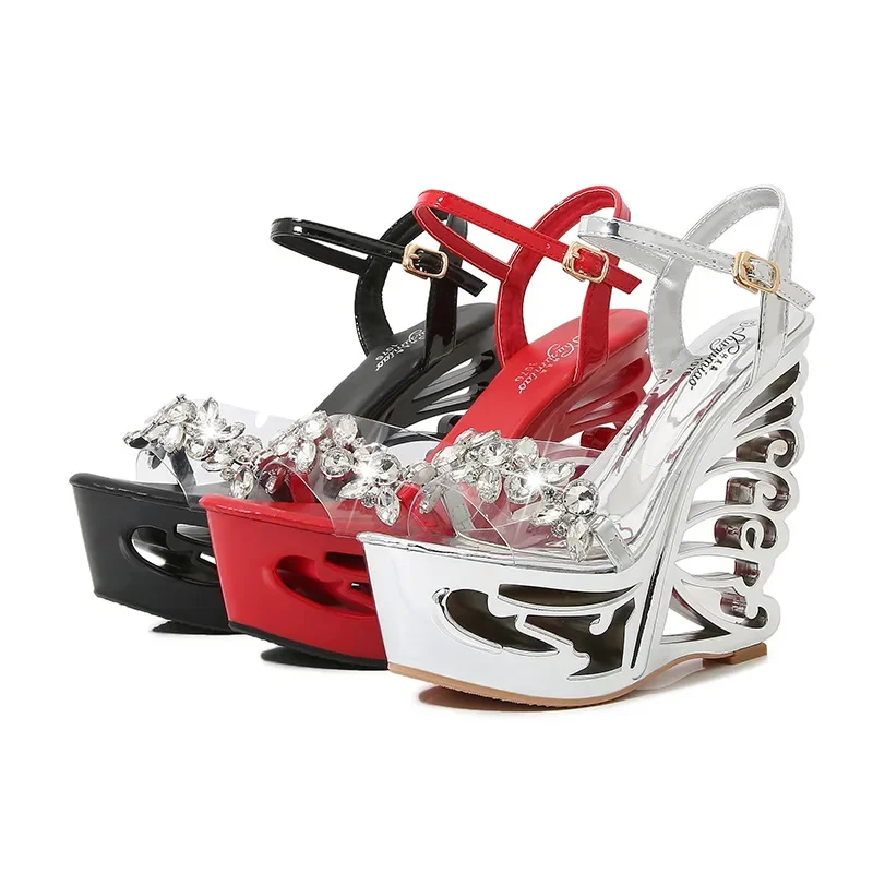 2024 Womens's Shoes Shaped Rhinestone High Heels Ultra High Heel Platform Sandals 1076 Series 14.5cm Heel 5cm Platform