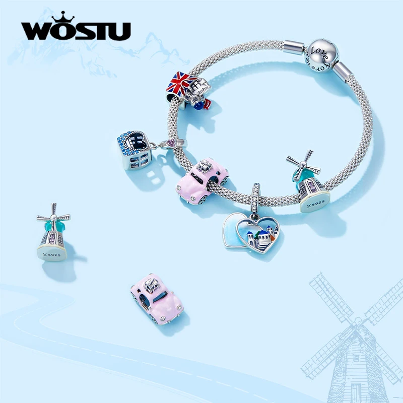 WOSTU 925 Sterling Silver Colorful Travel Charm Journey Pendant Fit Original Bracelet DIY Necklace Pendant Gift Jewelry CQC1738