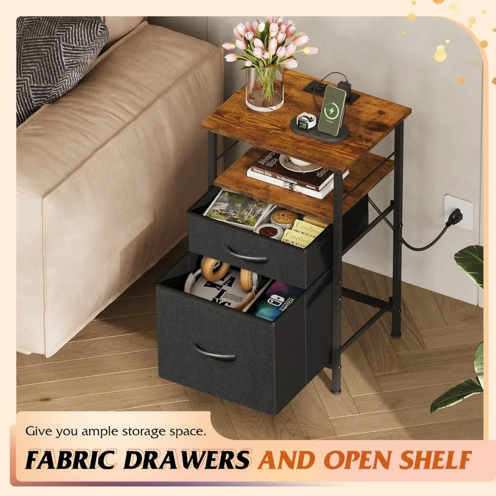 Laadstation nachtkastje set van 2, slaapkamerbijzettafels met stoffen lades, moderne nachtkastjes voor nachtkastjes