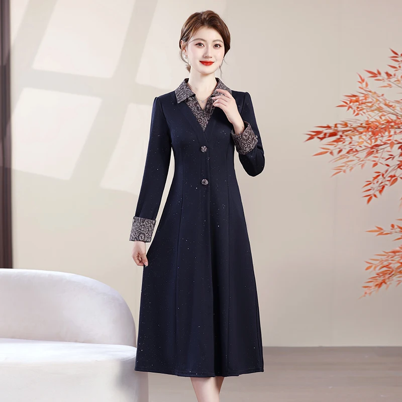 Vestido de dos piezas falso con solapa para mujer, temperamento elegante, otoño 2025, vestido de calle de manga larga para exteriores, diseñador de talla grande