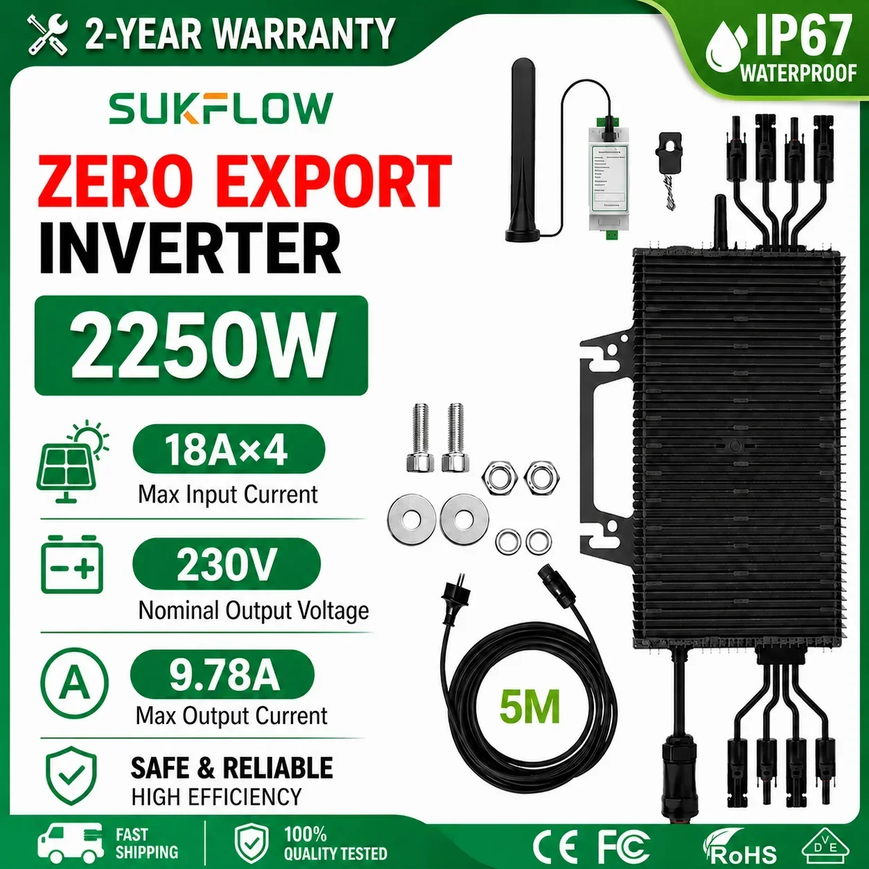 SUKFLOW Zero Export 2250W Solar Micro Inverter WiFi Monitoring IP67 MPPT Balcony PV System Plug and Play