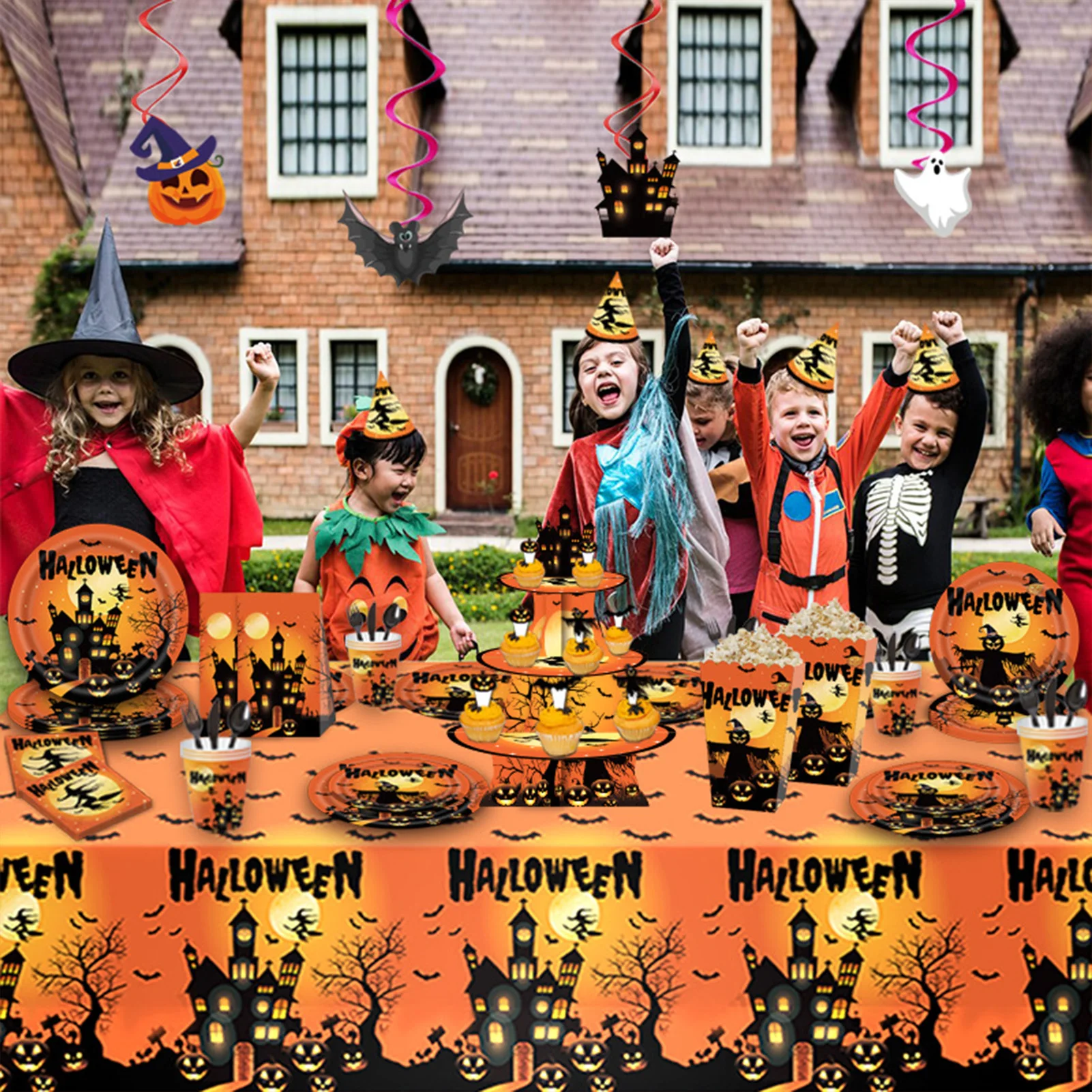 

114pcs Halloween Tablewares Party Banquet Use Disposable Paper Tableware Witch Castle Pumpkin Element Plate For Halloween Decors