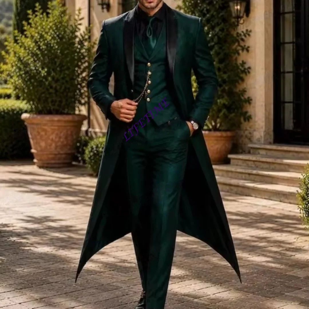 Men's Dark Green 3-Piece Long Blazer Suit Set Black Collar Jacket Vest Pants Formal Wedding Party Prom Business Tuxedo