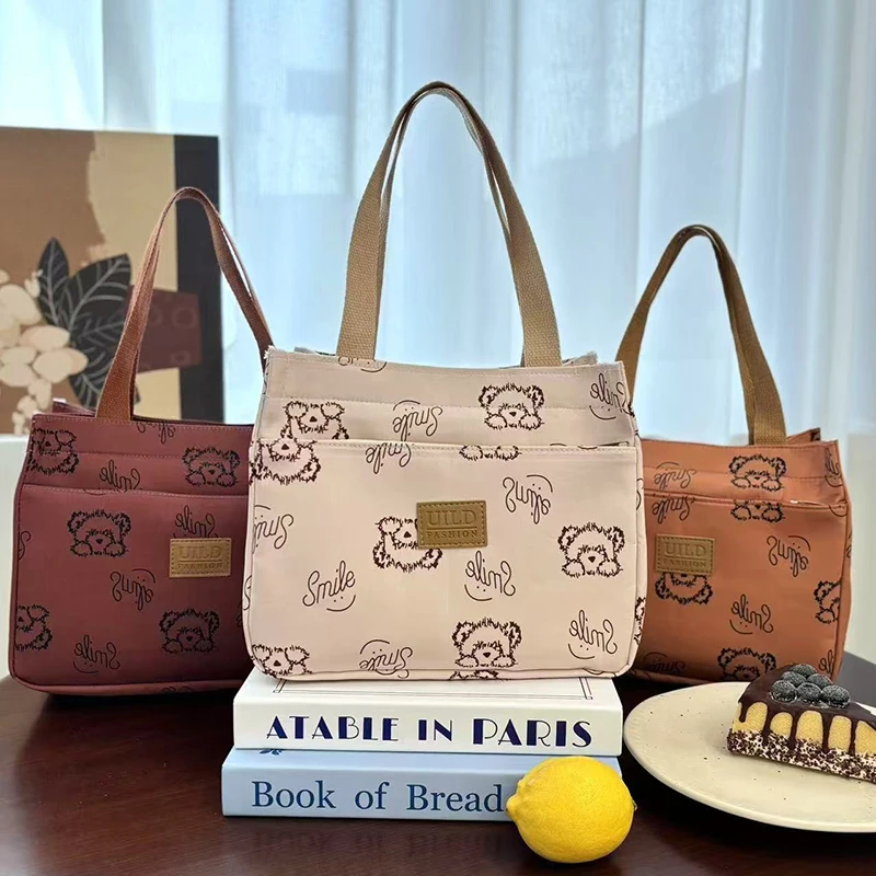 

Cartoon Bear Printed Versatile Large Capacity Handbag Office Worker Portable Lunch Bento Tote Bag