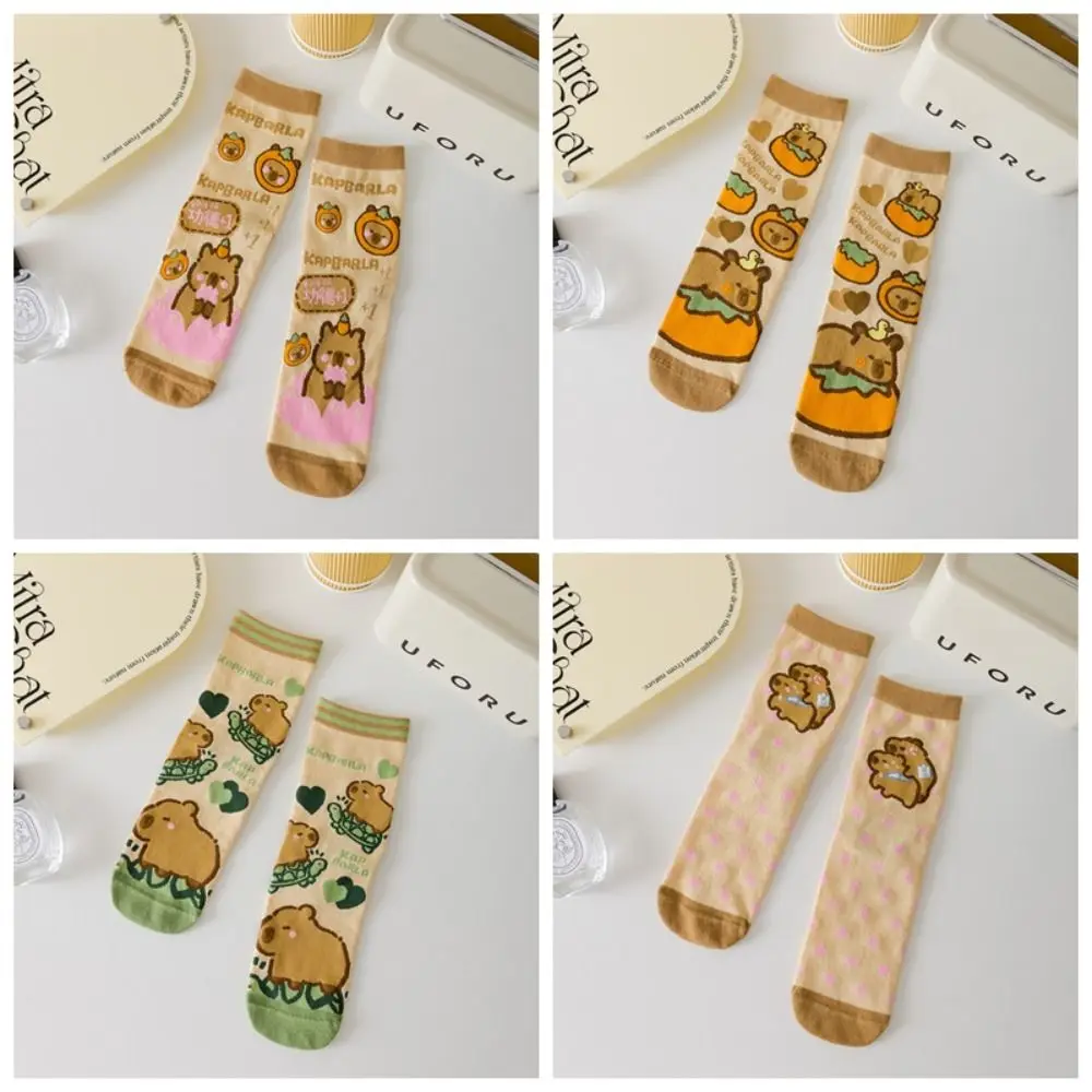 3Pairs Fashion Stripe Capybara Tube Socks Dot Letter Cotton Mid-calf Socks Patchwork Female Hosiery Cartoon Socks Streetwear