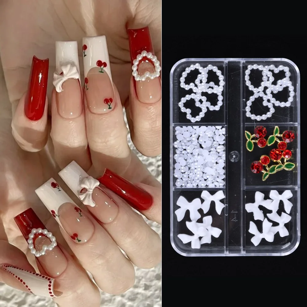 Bowknot arco cereja decorações de unhas amor coração manicure ornamentos arco cereja acessórios para unhas suprimentos 3d brocas da arte do prego