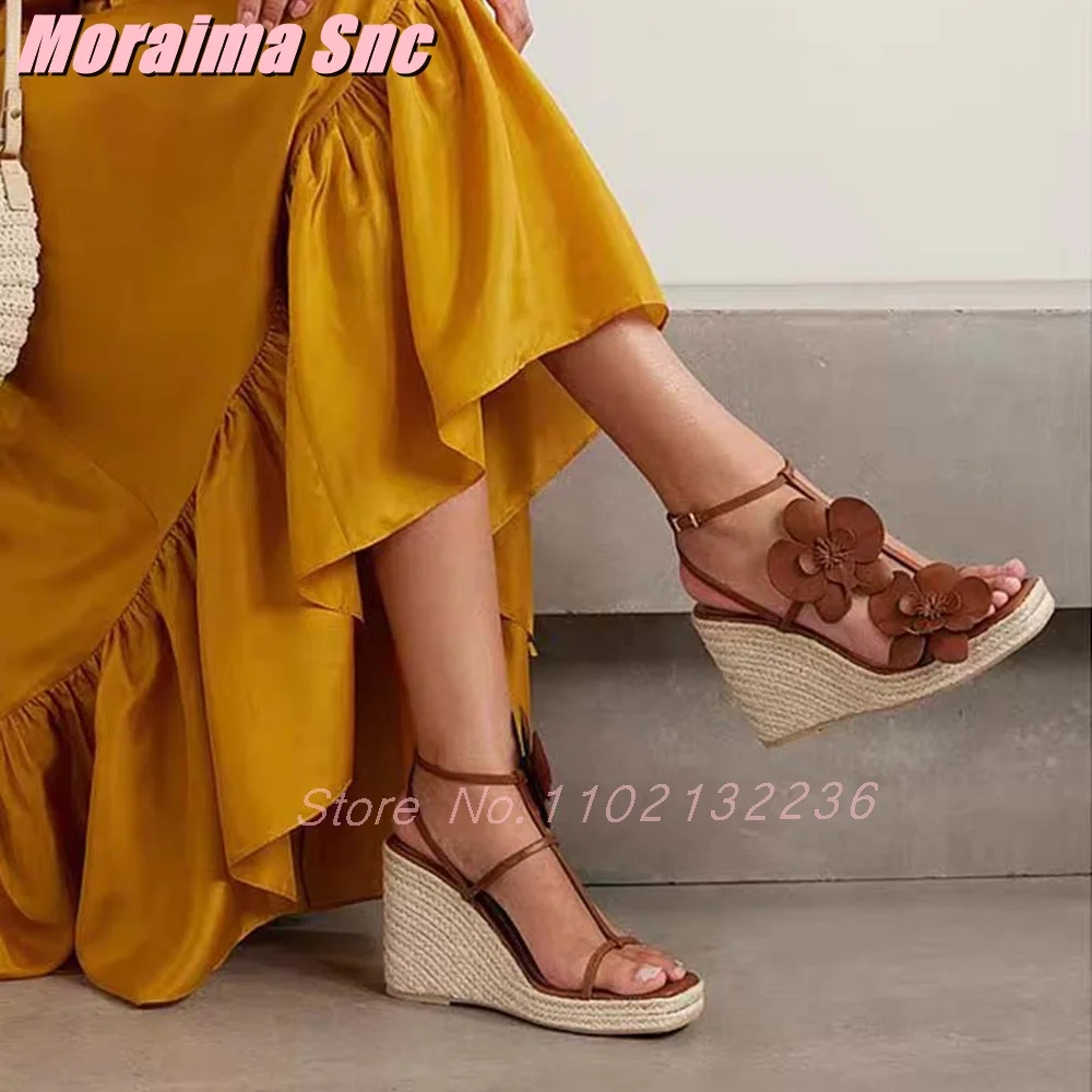 

Platform Wedges Asymmetric Flower Decor Sandals Square Toe Fashion T-strap Ankle Buckle Women's Dress Shoes Summer Banquet 2025