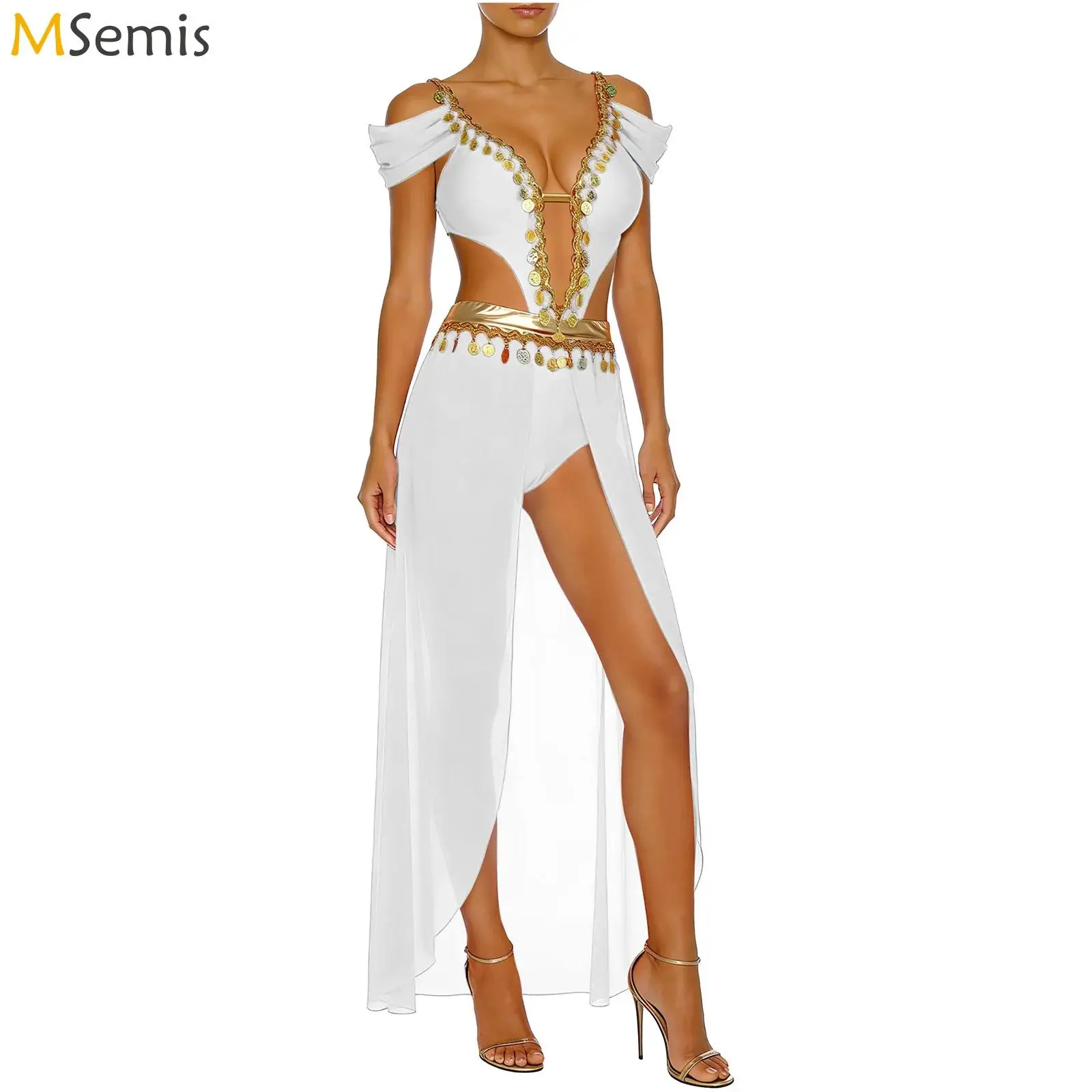 

Женский арабский восточный индийский костюм для танца живота, костюм для выступлений, блестящий купальник с кисточками и вырезом, открытый передний подол, боди, платье