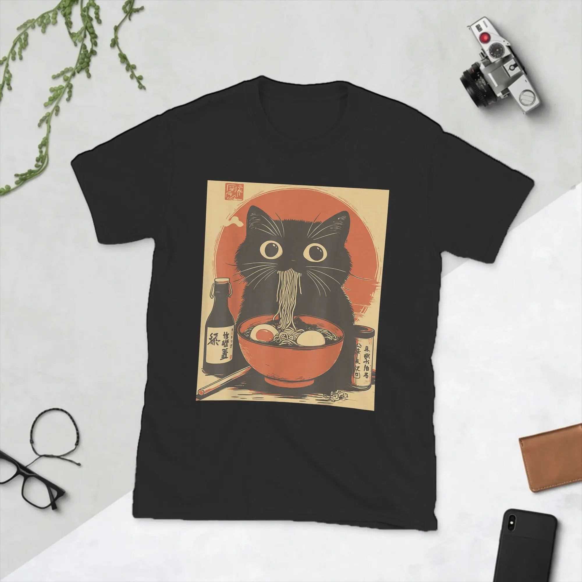 Japanese Black Cat Ramen Men's T Shirt Novelty Tee Shirt Short Sleeve Crew Neck T-Shirts Pure Cotton Gift Idea Clothes