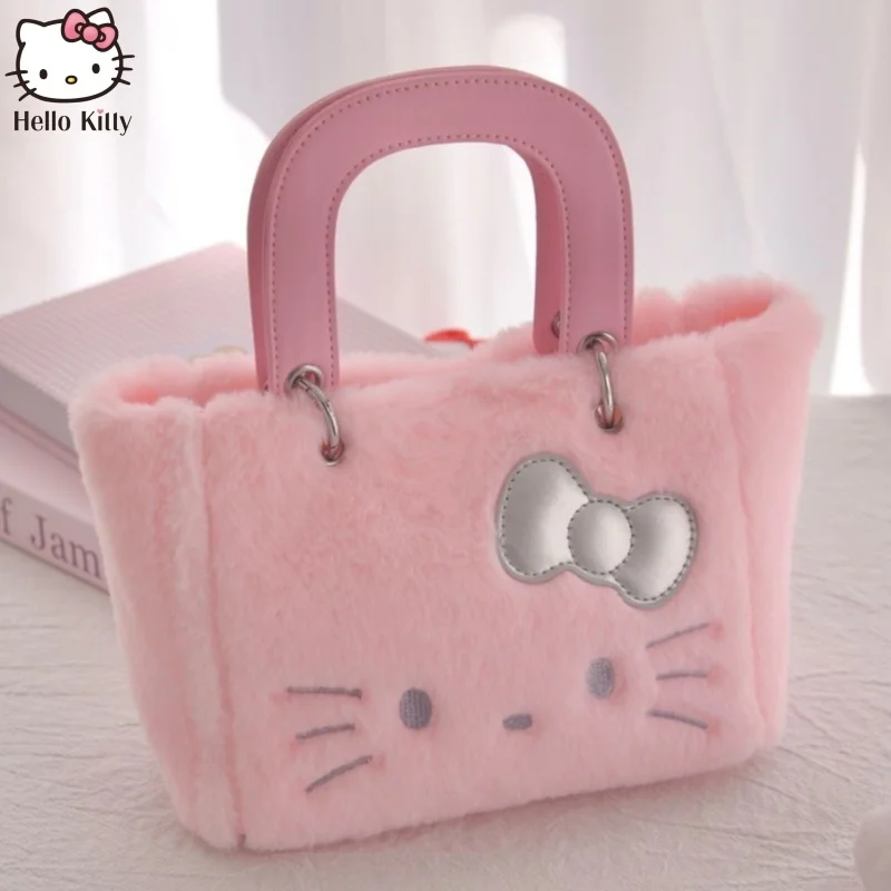 Sanrio Hello Kitty 50. Yıldönümü Pembe Peluş Yumuşak Tote Çanta Sevimli Kitty Kadın Peluş Bulanık Saplı Çanta Hediye