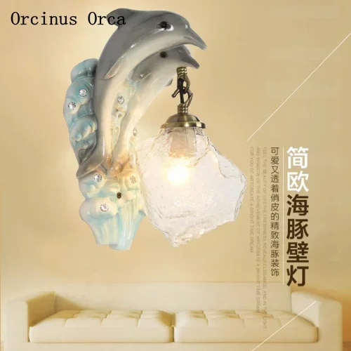 Cartoon creative dolphin wall lamp living room background wall bedroom marine animal LED crystal wall lamp