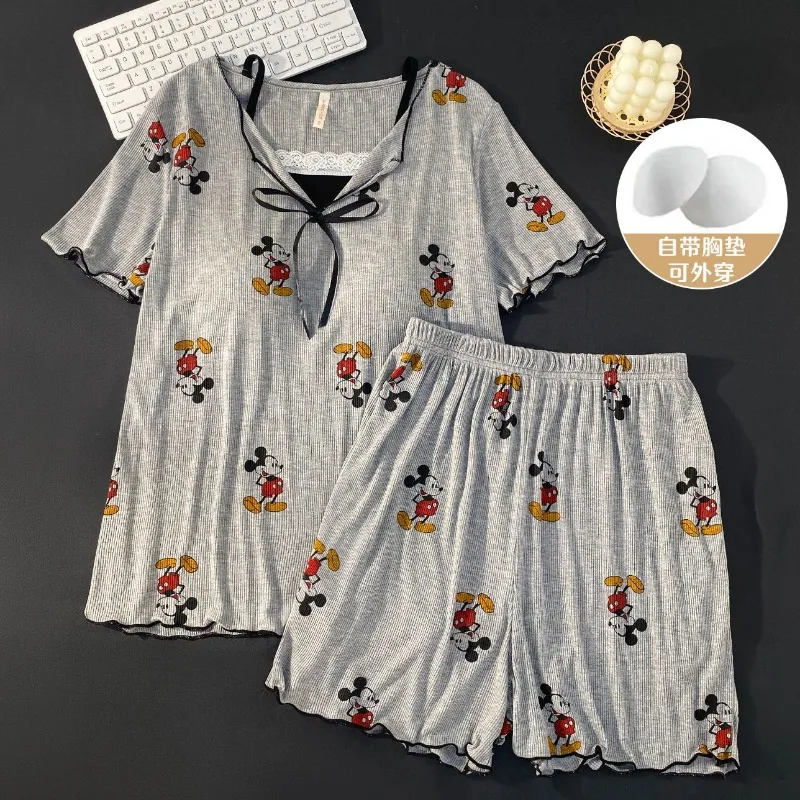 Disney Mickey Kawaii Pigiama Modale estivo Silhouette sottile con imbottitura sul petto Pantaloncini da casa casual Abbigliamento in due pezzi all'esterno