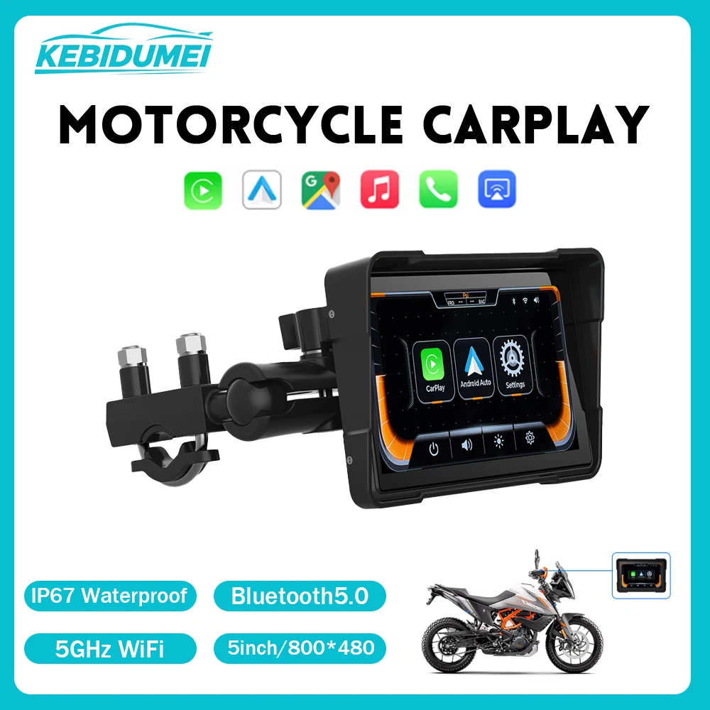 KEBIDUMEI 5inch Wireless Motorcycle Carplay GPS Navigation Android Auto Portable Digital Screen Dashboard BT5.0 Moto Accessories