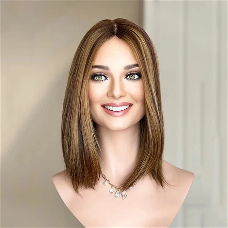 

Straight Bob Honey Blonde Brown Lace Front Synthetic Wig Free Part HD Invisible Lace Front Wig Cap is Breathable and Lightweight
