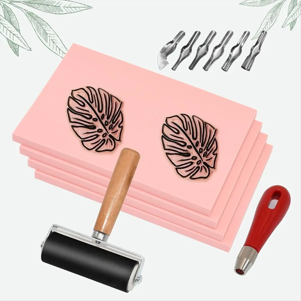 AA83 4 Pack Rubber Stamp Carving Blocks Pink Rubber Carving Blocks Linoleum Blocks with Cutter Tools for Stamp Maker