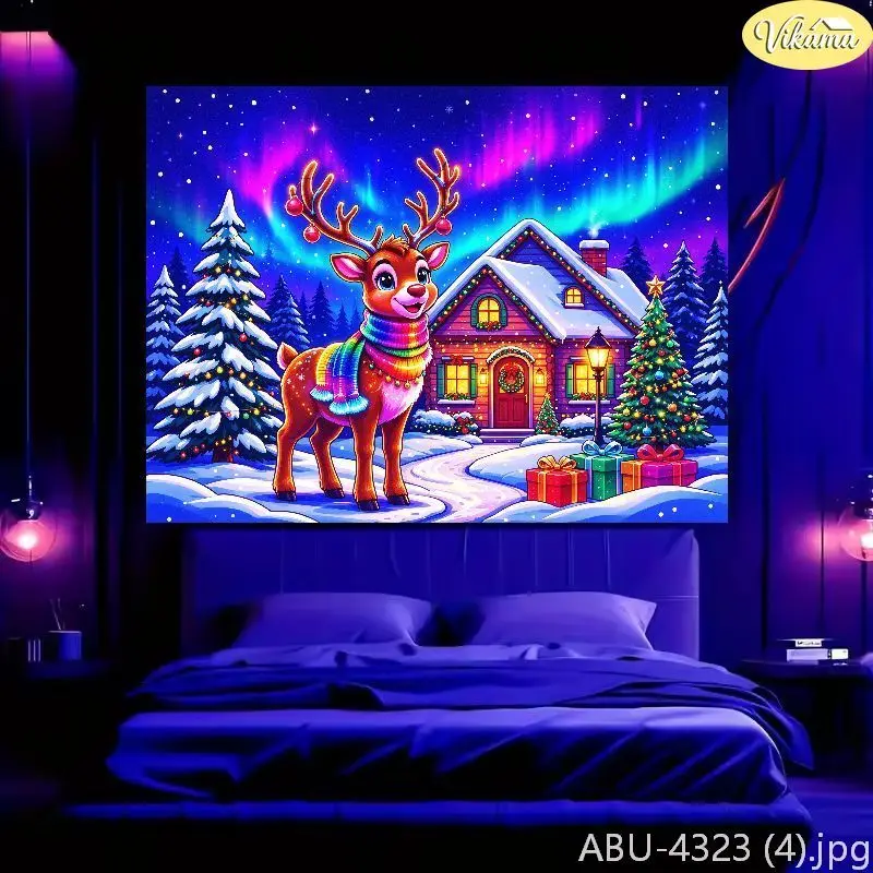 VIKAMA Neon Cartoon Reindeer Christmas Tapestry, Festive Party Living Room Wall Hanging, Christmas Home Decor