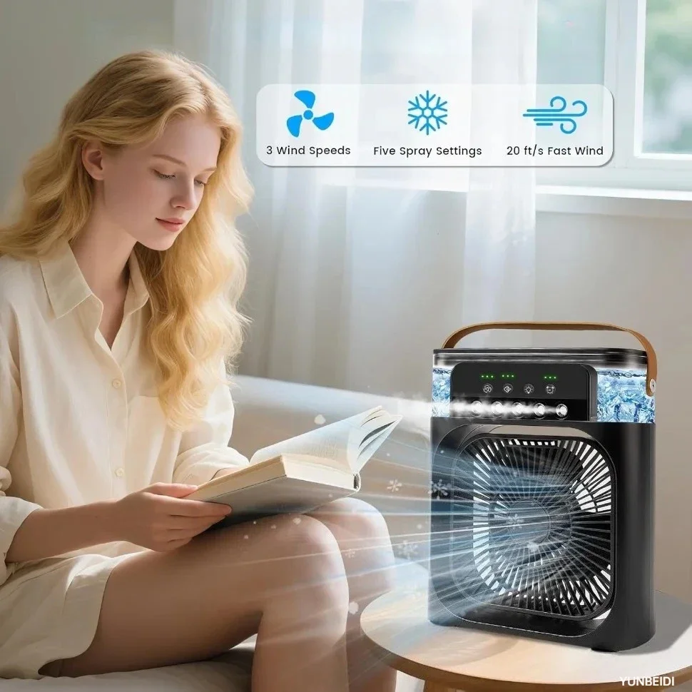 Portable 3-in-one Fan Air Conditioner with LED Light Humidifier and Timing Function Desktop Spray Fan for Home Office