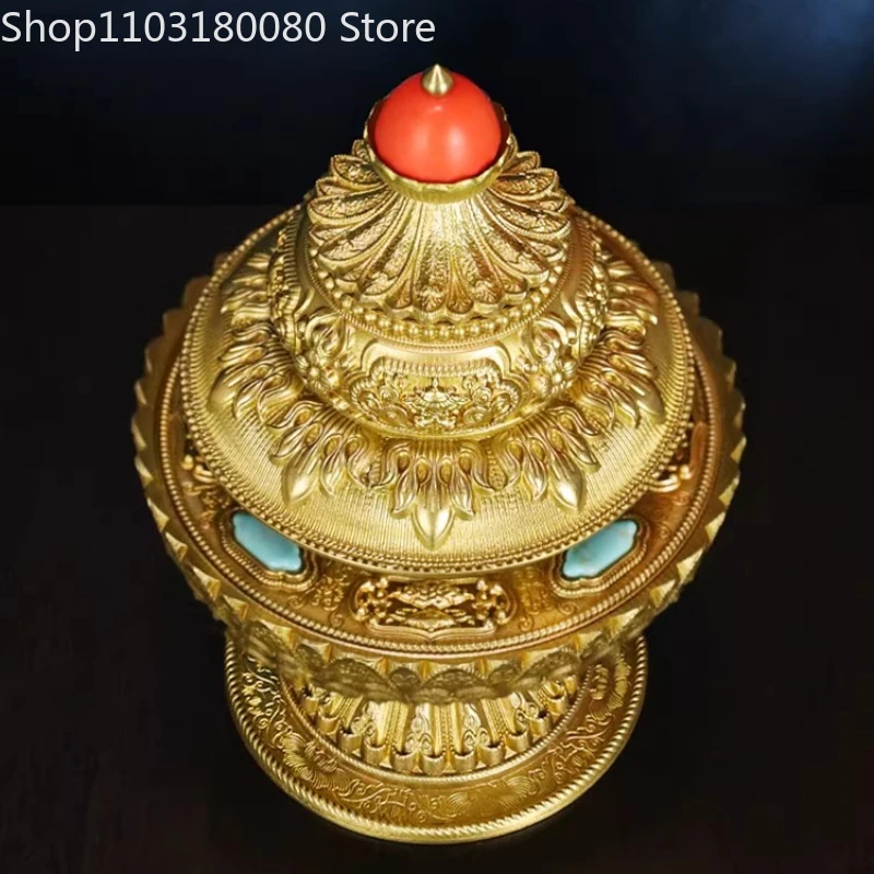 16cm Copper Three layers rice pot box Tibet Eight auspicious wealth vase Lucky decor