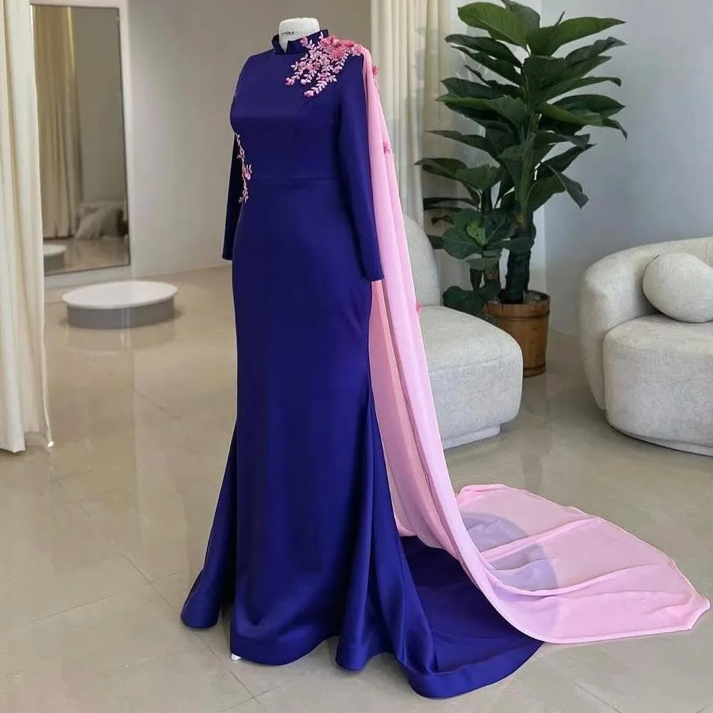 Customized Saudi Dress Trumpet Long Sleeves Floor Length Evening Dresses Beading Flowers  Formal Wedding Party Dress