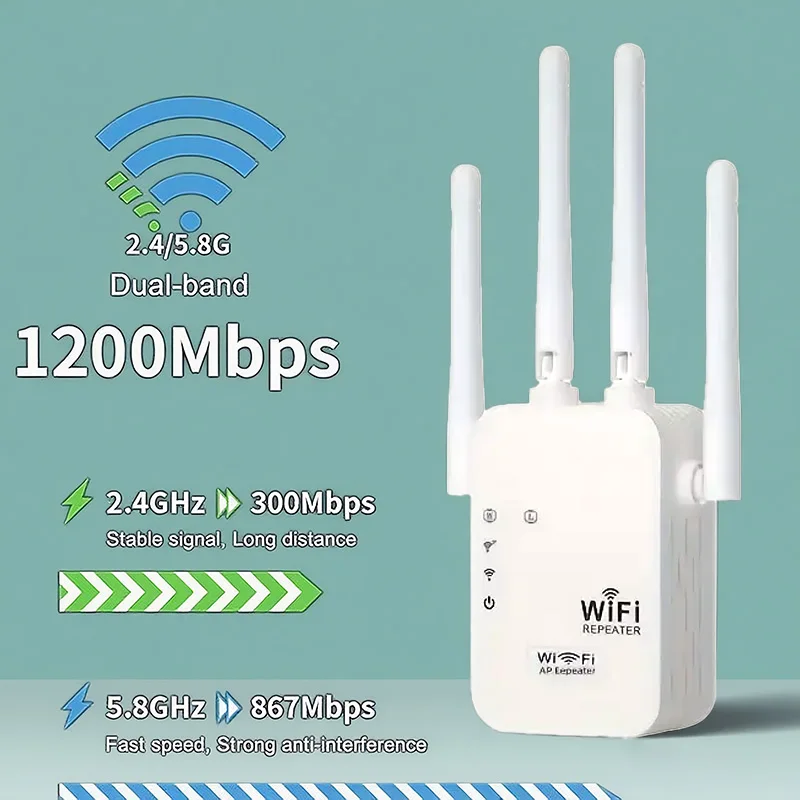 

1200Mbps Repeater Four Antennas Wireless Extender Router WiFi Signal Amplifier Booster Long Range Wi-Fi Repeater Access Point