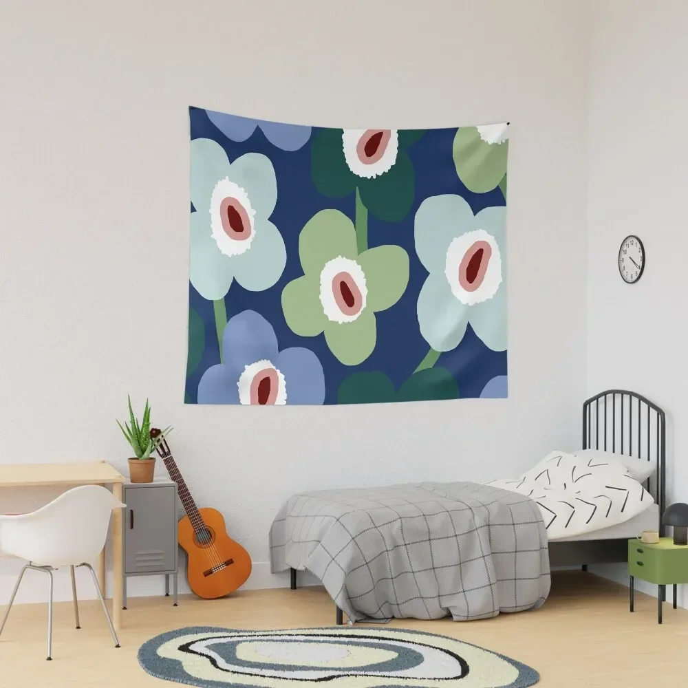 

Iconic Retro Scandinavian Floral Pattern in Blue and Green Tapestry Room Design Decoration For Home Tapestry