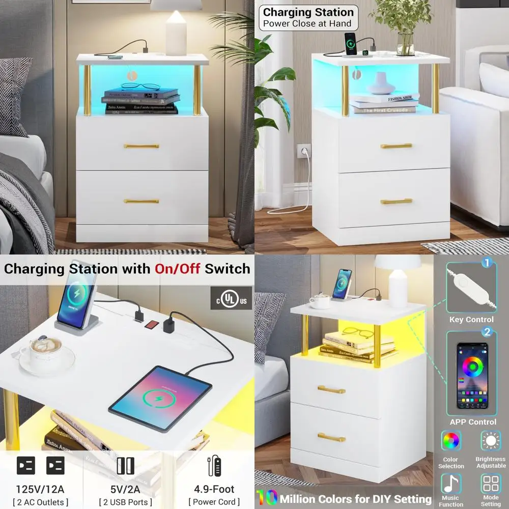 

led-lit charging nightstand with open storage and dual usb ports